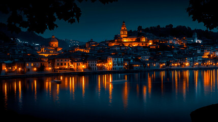 Nightfall Town Reflects on Water