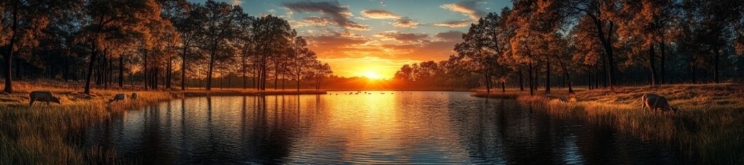 Fototapeta premium Grazing Cows by the River with Beautiful Sunset in the Background. Generative AI