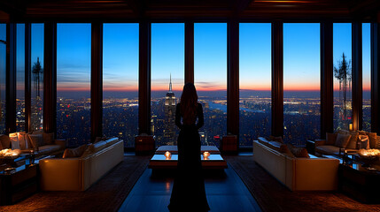 NYC Skyline View, Woman Contemplating