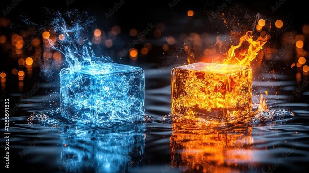 Poster contrasting elements of fire and ice abstract visualization of fluid dynamics and energy transformat
