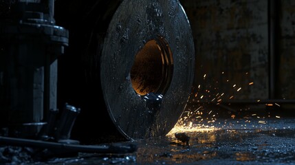 Steel grinding tool in action with flying sparks, showcasing industrial precision and power.
