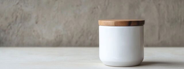 Elegant White Ceramic Jar with Wooden Lid on a Minimalist Table Against a Textured Background