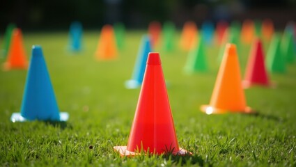 Cones are lined up in row on grass