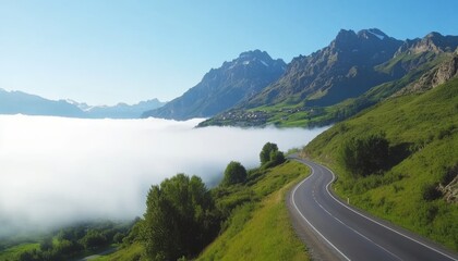 Winding Road Through Mountain Valley Fog