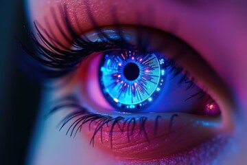 Smart Home Security. Close-up blue digital eye with glowing futuristic