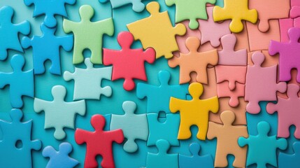 Vibrant jigsaw puzzle pieces arranged in a pattern representing the concepts of unity  The diverse colors and shapes create a visually appealing and abstract composition