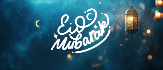 Eid Mubarak greeting with crescent moon, stars, and traditional lantern against a dark blue night sky Islamic celebration concept for Eid alFitr or Eid alAdha