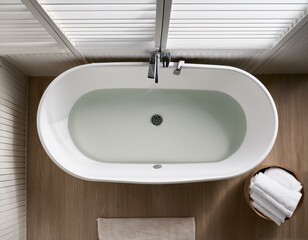 Fototapeta premium Top view of bathtub in white panel bathroom