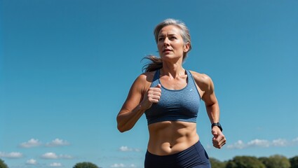 A middle aged woman running in activewear in a park in closeup portrait on a plain sky blue background