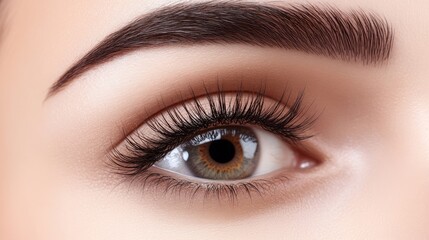 Obraz premium Close-up of a woman's eye with long lashes, soft light, blurred background, conveying quiet introspection. 