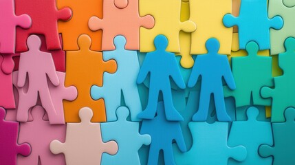 Diverse human figures in various colorful geometric shapes interconnected to form a vibrant puzzle symbolizing the concepts of unity