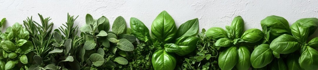 Fototapeta premium Fresh Green Herbs Lined Up on a White Background. Generative AI