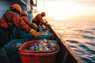 Workers collect ocean waste at sunset, showcasing environmental
