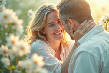 Fototapeta premium Spring Garden Picnic. Happy blonde woman smiling holding man's face ro