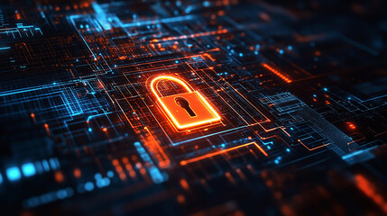 Obraz premium A secure digital interface with a glowing lock symbol, illustrating advanced cybersecurity protection and encrypted cloud data.