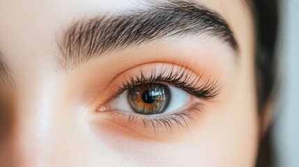 Fototapeta premium Close-up of a woman's eye with long lashes, soft light, blurred background, conveying quiet introspection. 