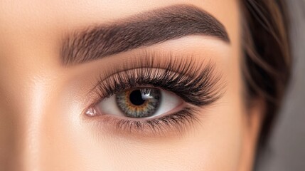 Obraz premium Close-up of a woman's eye with long lashes, soft light, blurred background, conveying quiet introspection. 