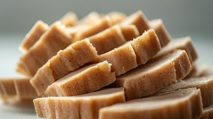 Layers of delicately sliced sweet treat stacked elegantly, showc