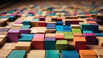 A colorful arrangement of small, rectangular wooden blocks,