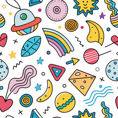 Colorful seamless pattern with hand-drawn doodles of  space, food, and geometric shapes.