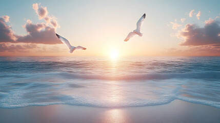 Obraz premium Seagulls Fly Sunset Beach