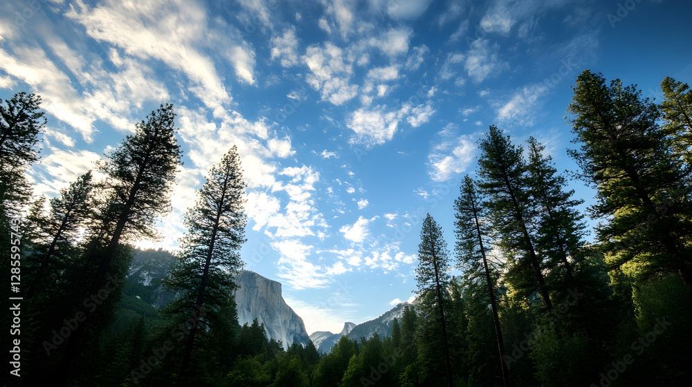 Poster majestic forest view with tall pine trees and expansive blue sky : generative ai