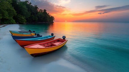 Fototapeta premium Colorful fishing boats resting on a tropical beach at sunset