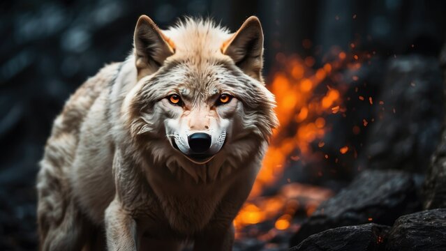 A majestic white wolf with piercing golden eyes emerges from vibrant flames,