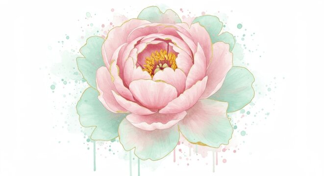 Beautiful watercolor illustration of a pink peoni flower with soft blue accents and splashes
