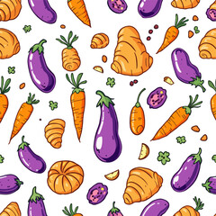 various fruits and vegetables, including carrots, eggplants, and oranges, arranged in a repeating design on a white background.