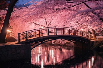 Cherry Blossom Bridge Glow: A bridge is bathed in a soft glow from hanging bokeh lights. Cherry blossoms line the sides, creating a picturesque scene.