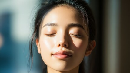 Naklejka premium Serene woman with closed eyes, bathed in soft light, exuding calm and tranquility. 