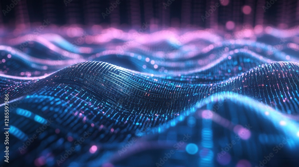 Poster abstract digital waves with colorful particles in motion creating a sense of depth and texture
