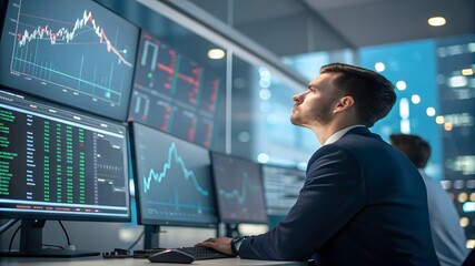 Fototapeta premium Professional Man Analyzing Data on Multiple Computer Screens