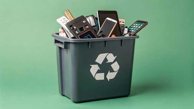 Container filled with old electronics for recycling on green background