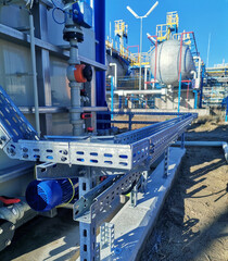 Steel structure is under construction on the construction site against a blue sky backdrop