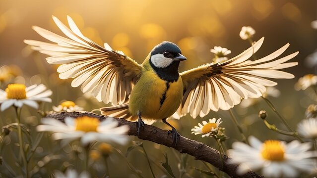 "A vibrant yellow tit soars gracefully over a field of white daisies on a sunlit summer evening, wings spread wide."
