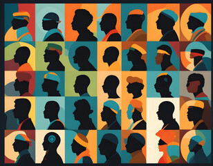 Women and male silhouette profile group from various cultures background.