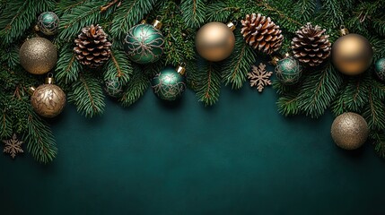 Obraz premium Gold and silver Christmas tree balls, toys, cones, small bells, snowflakes, and serpentine adorn pine branches on a green background with empty space.