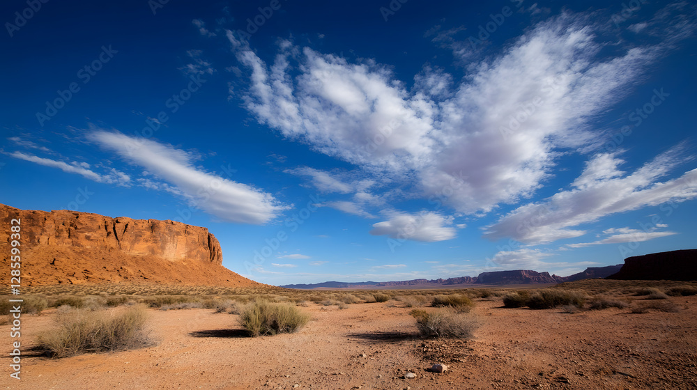 Poster expansive desert landscape with dramatic clouds and rugged cliffs under clear blue sky : generative 
