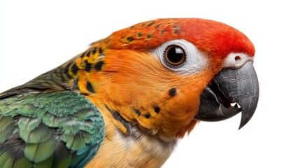 Obraz premium Vibrant Parrot Display, Colorful parrot perched against a clean white background, showcasing intricate feather patterns and vivid colors.