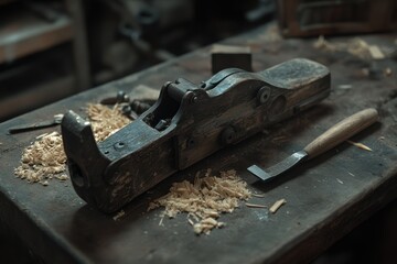 Crafting precision woodworking tools on a workbench in an artisan workshop rustic environment close-up view
