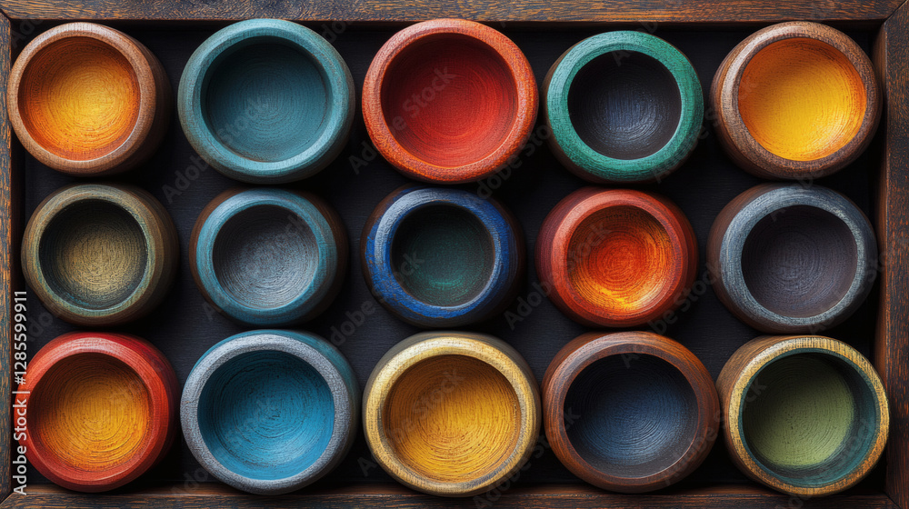 Poster A vibrant array of circular containers in various colors, arranged neatly in a wooden tray, showcasing artistic craftsmanship and creative potential