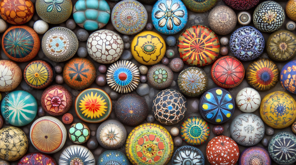 Poster a vibrant collection of decorative spheres featuring intricate patterns and vivid colors, showcasing