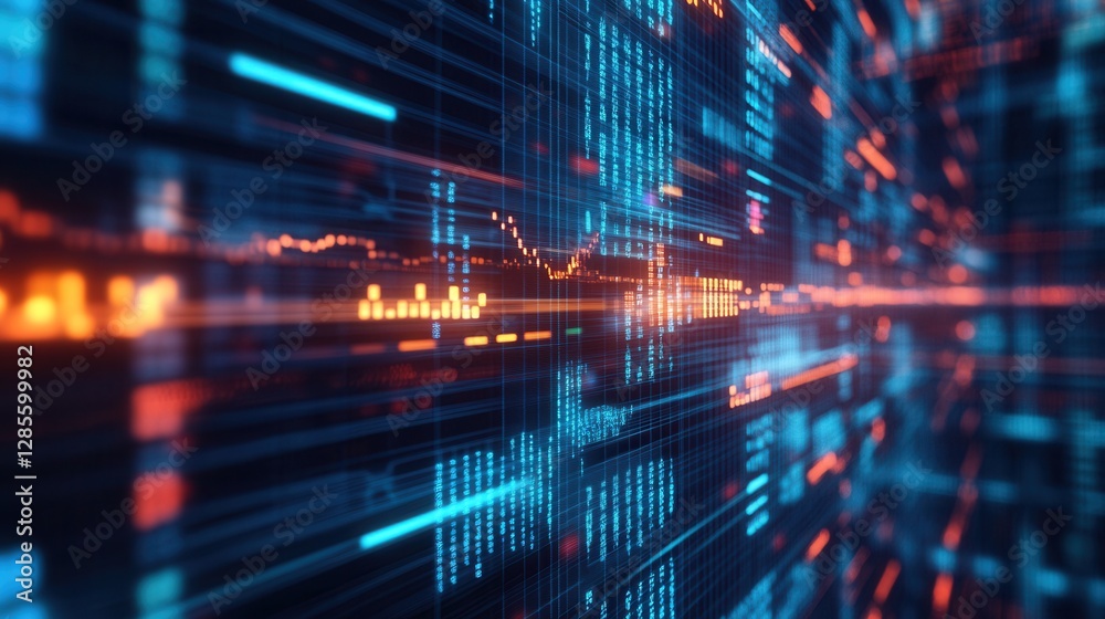 Poster abstract digital data visualization with neon colors and lines representing information flow