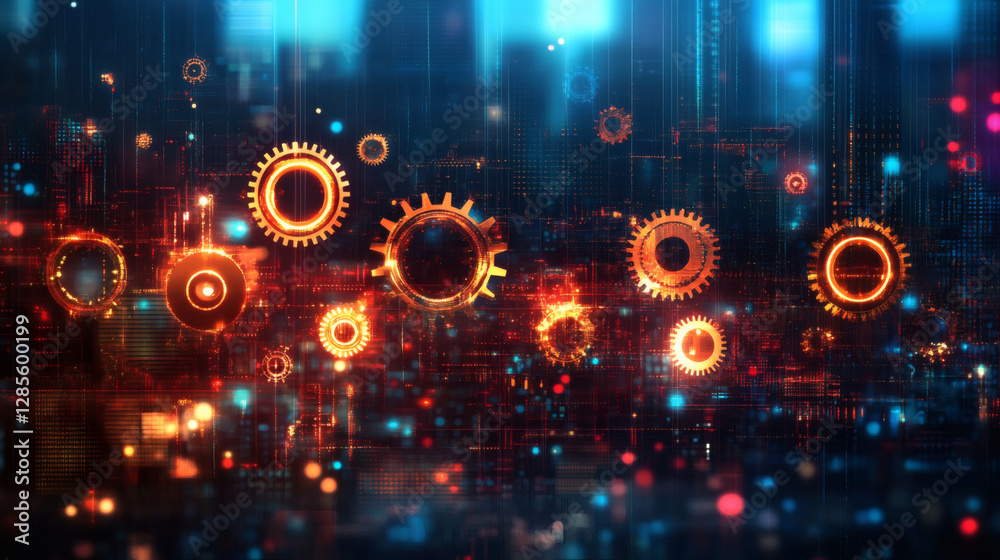 Poster A vibrant display of glowing gears and digital elements, representing the fusion of technology and mechanics in a futuristic setting
