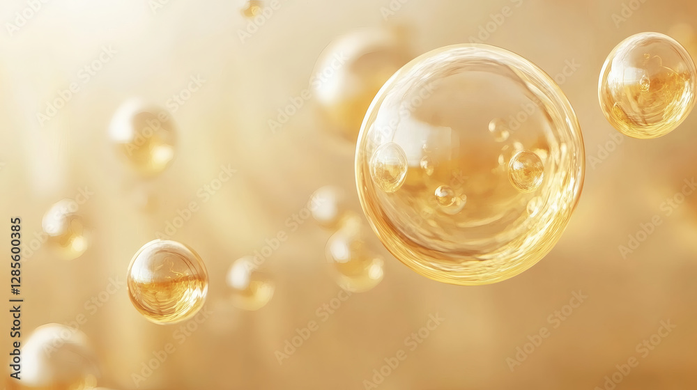 Poster Shimmering golden bubbles float in a soft-focused background, creating an ethereal and luminous atmosphere