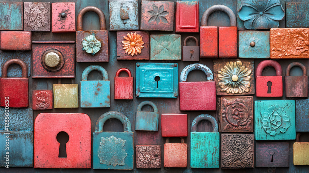 Poster a vibrant collection of decorative locks in various shapes and colors, showcasing intricate designs 