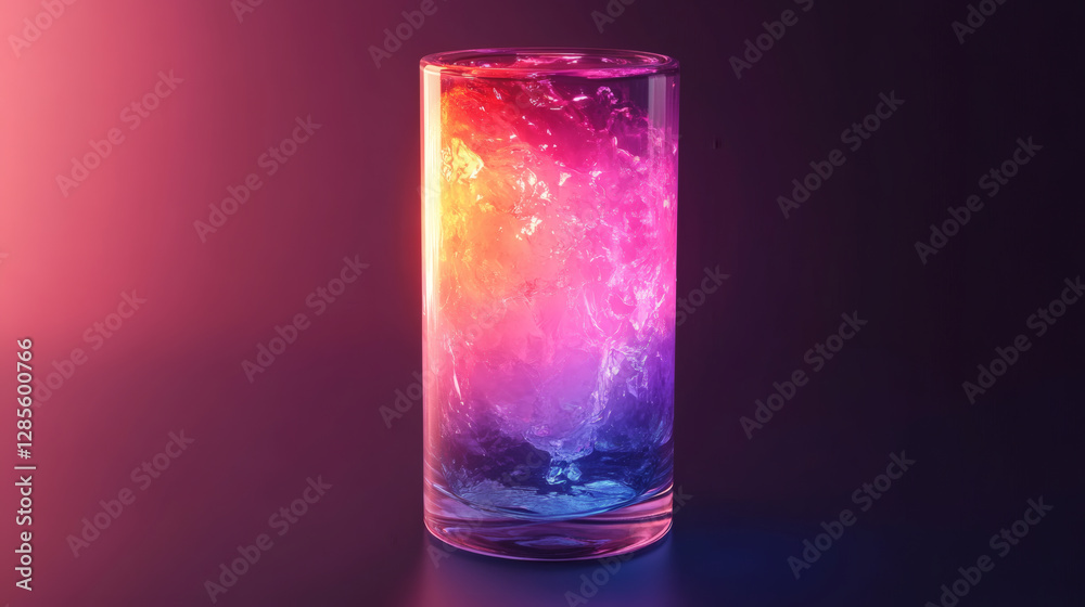 Poster a vibrant, illuminated glass filled with swirling colors, creating a mesmerizing effect against a da