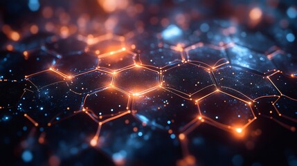 Futuristic hexagonal network glowing with orange and blue lights